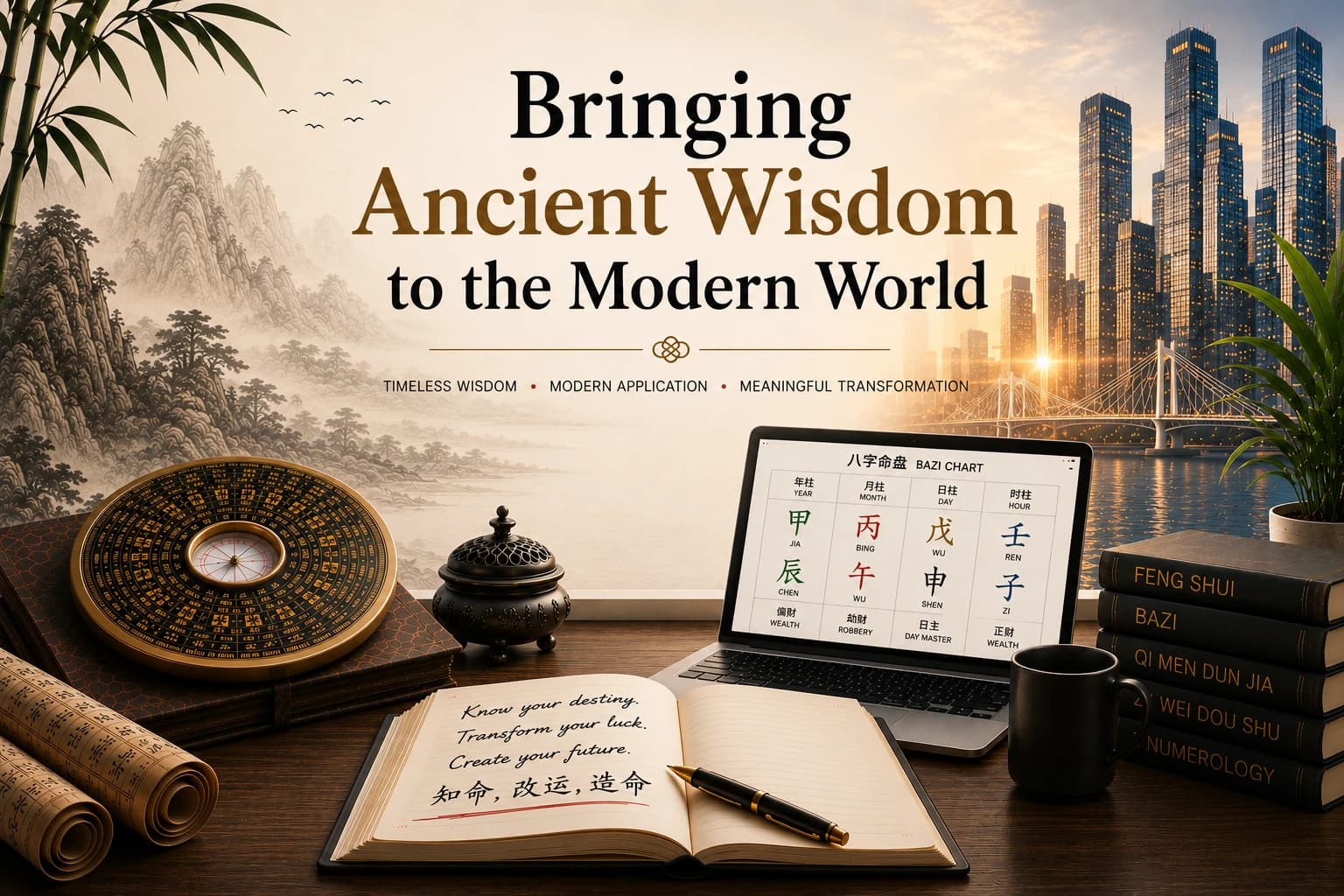 A Feng Shui compass, BaZi chart, and classical texts on a desk, bridging ancient wisdom with a modern city skyline
