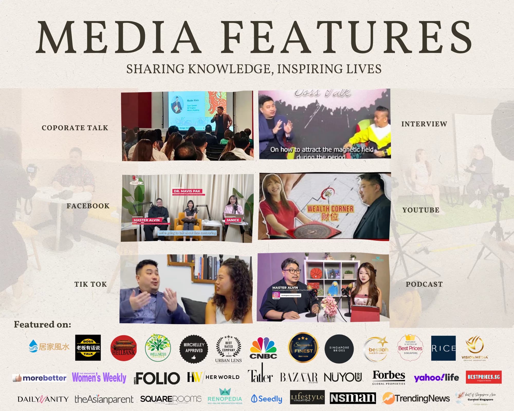 Media features collage — Master Alvin featured on CNBC, Forbes, Her World, Tatler, and other publications